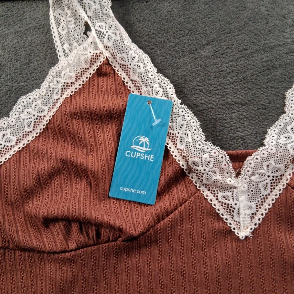 NWT Cupshe Pajama Set  XL Terracotta Ribbed Lace Trim Cami and Pants Loungewear
